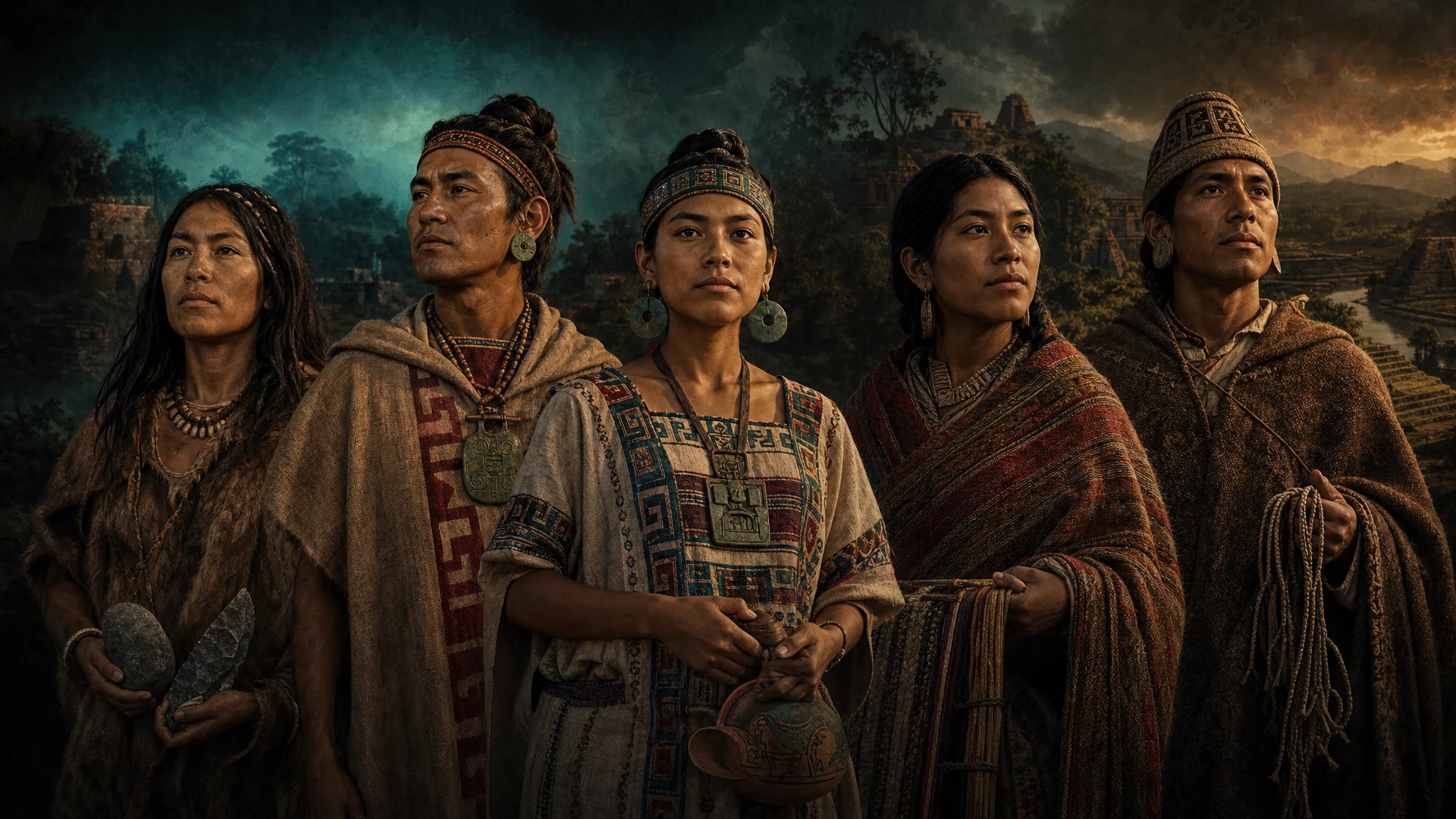 AI-generated editorial illustration representing ancient cultures of the Americas