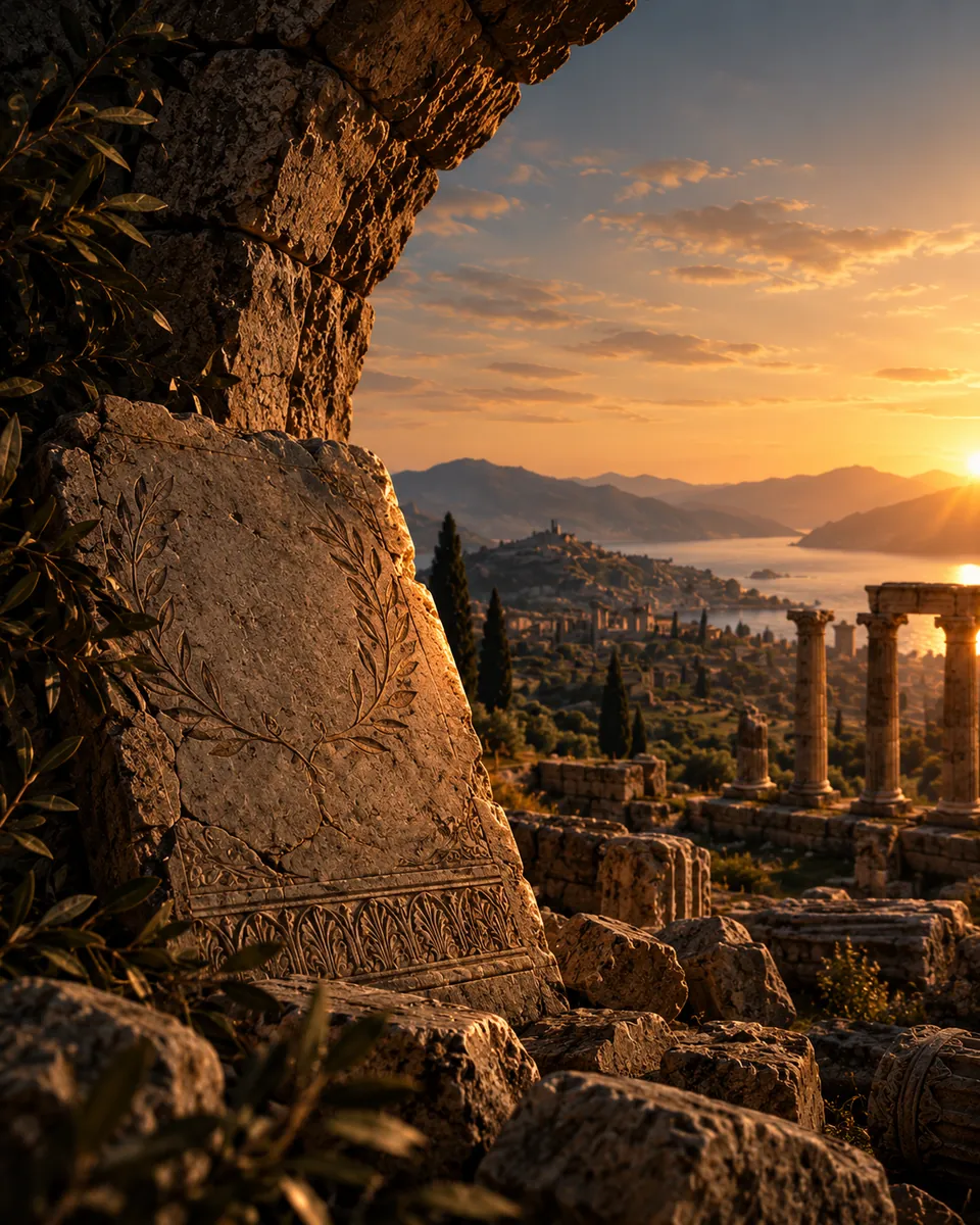 AI-generated editorial illustration of a Roman arch framing an ancient tablet