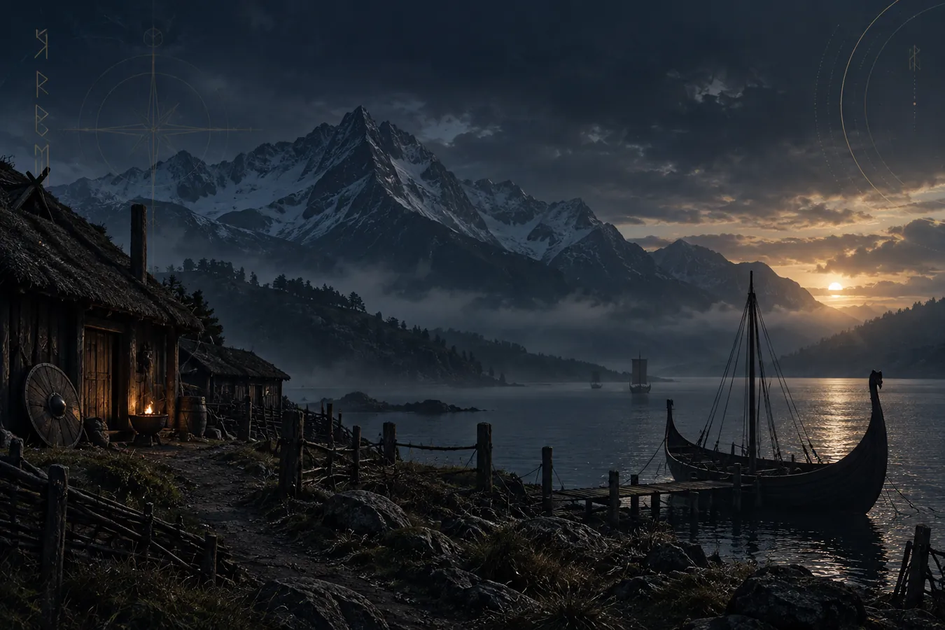 AI-generated illustration of a fjord village with a longship at twilight