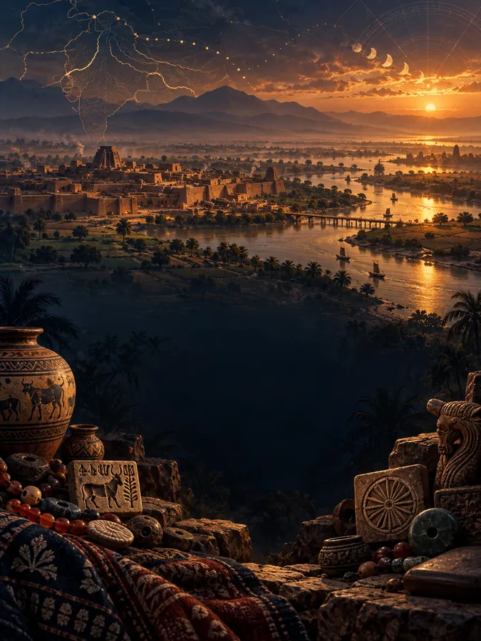 AI-generated illustration of an ancient river city at sunset
