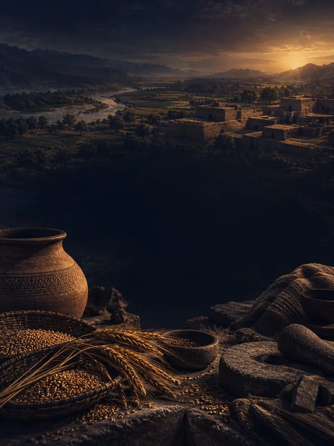 AI-generated illustration evoking the Neolithic Mehrgarh period