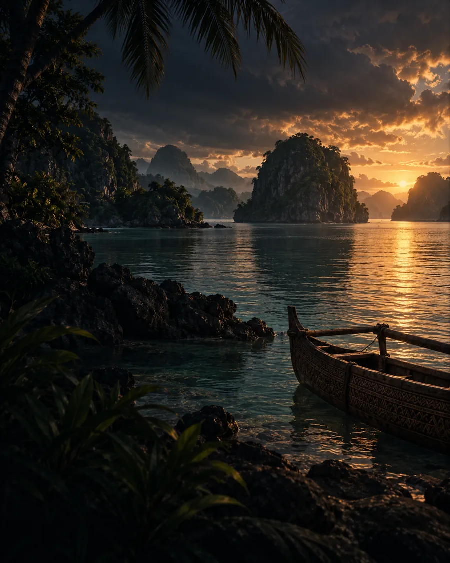 AI-generated illustration of an outrigger canoe on a Pacific shore at dusk